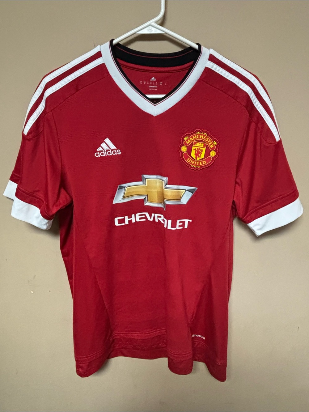 adidas Red Manchester United Short Sleeve Soccer Jersey with White Trim